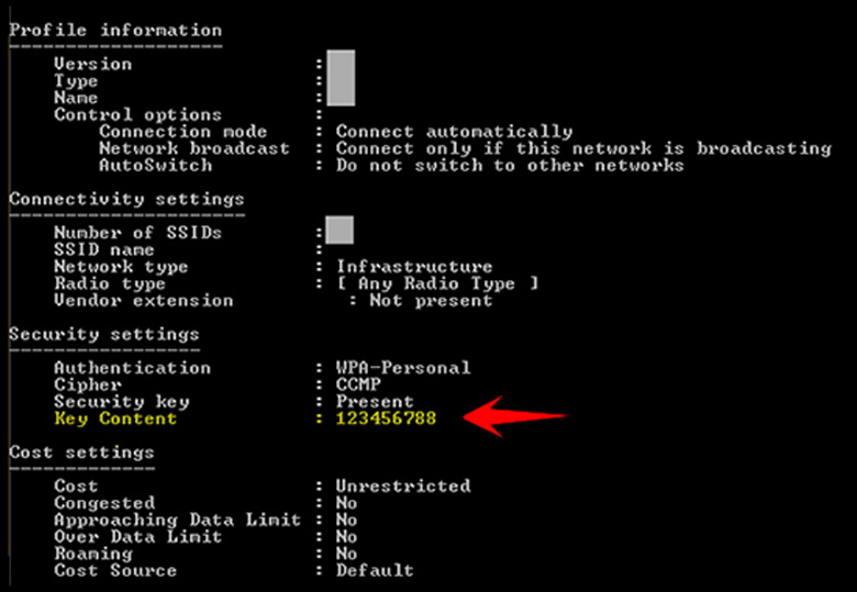 Cách xem pass Wifi trên laptop trên Win XP Tại dòng "Key Content" chính là mật khẩu Wifi bạn muốn tìm
