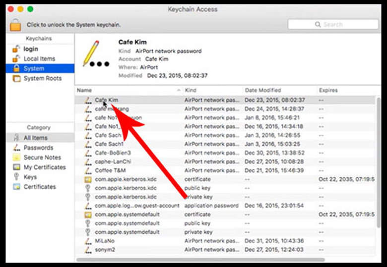 Cách xem pass Wifi trên laptop MacBook tìm kiếm của mục "Keychain Access" bấm vào để xem mật khẩu