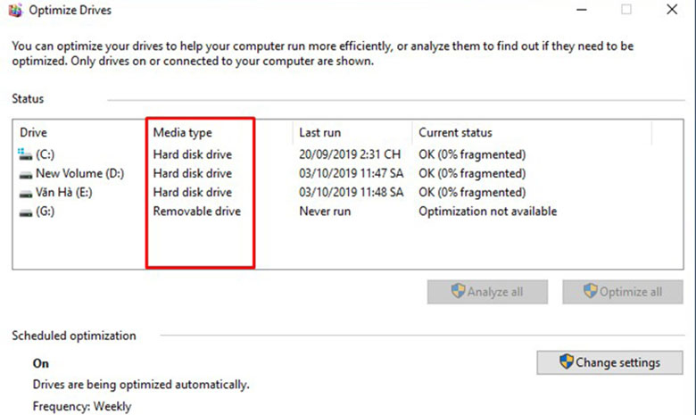 kiểm tra ổ cứng laptop là SSD hay HDD bằng Defragment and Optimize Drives bước 2