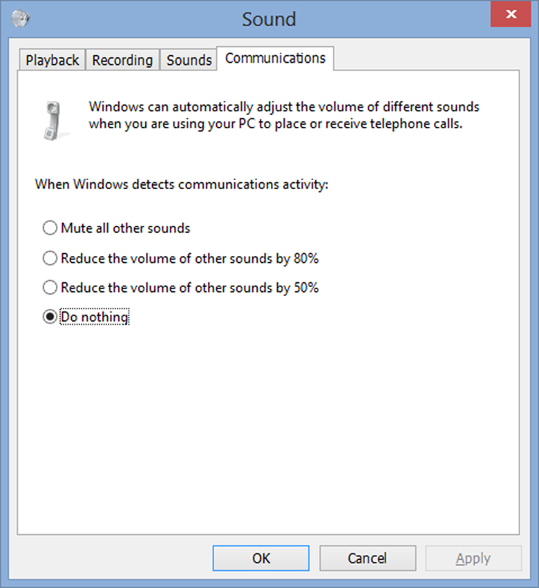 Kiểm tra cài đặt Communications chon Do nothing cách chỉnh âm thanh laptop chính xác