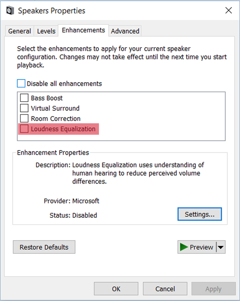 Speakers Properties, chọn tab Enhancements -> Chọn Loudness Equalization -> Chọn Apply -> Chọn OK điều mà các bạn không thể quên để tăng âm lượng loa laptop 