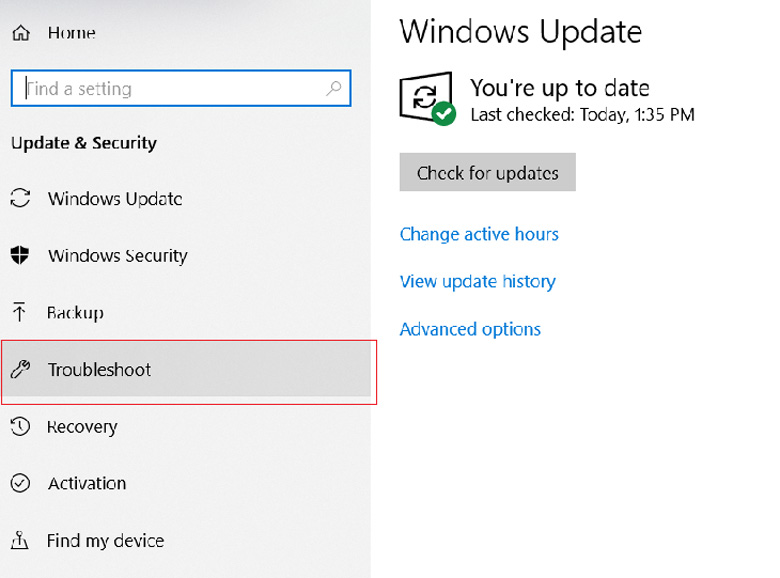 Update & Security -> Chọn Troubleshoot nhanh chóng luôn là giải pháp cách tăng âm lượng loa laptop