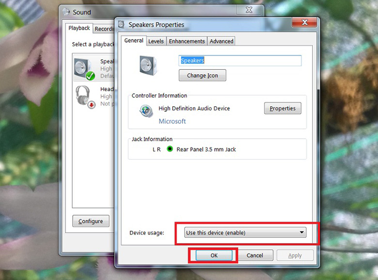  Laptop không phát âm thanh hãy xem lại Playback Devices tiếp tục nhấn chọn OK