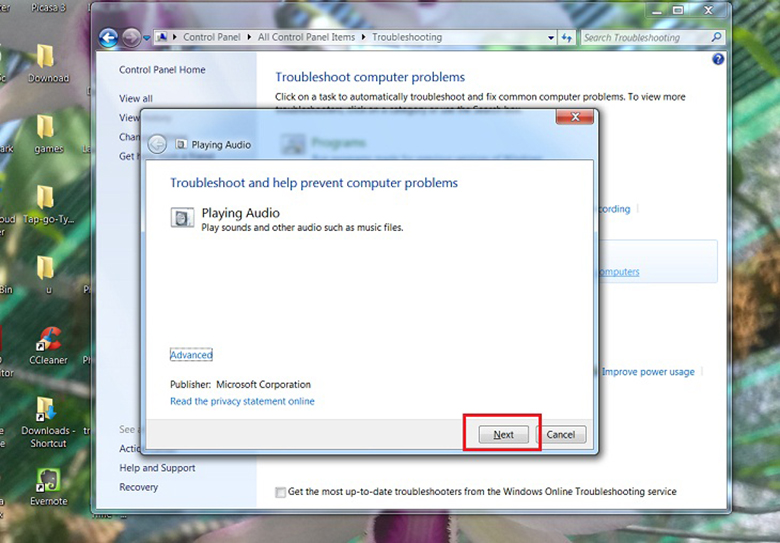 Laptop không phát âm thanh được khắc phục ở Win 7 rất đơn giản bằng Microsoft Fixlt Troubleshooters tiếp tục chọn next