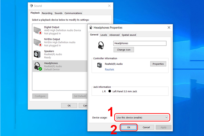 Khắc phục laptop không nhận tai nghe: kiểm tra cài đặt âm thanh Device Usage