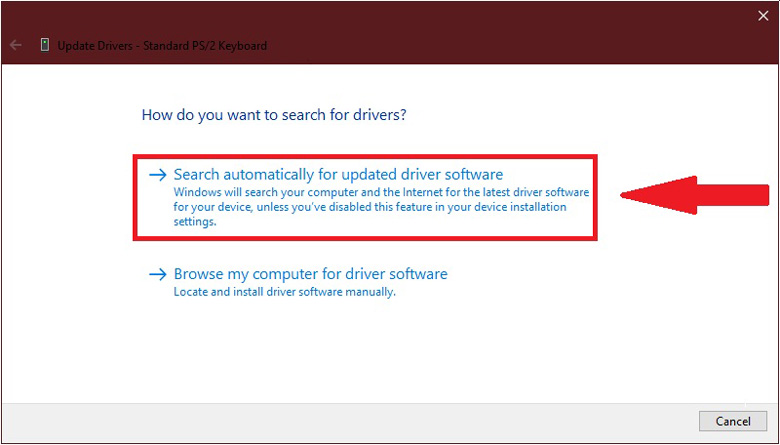Cách khắc phục bàn phím laptop không hoạt động cập nhật lại Drive tiếp tục Chọn Search automatically for updated driver software