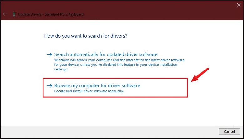 Cách khắc phục bàn phím lúc nhận lúc không cập nhật lại Drive tiếp tục Chọn Browse my computer for driver software
