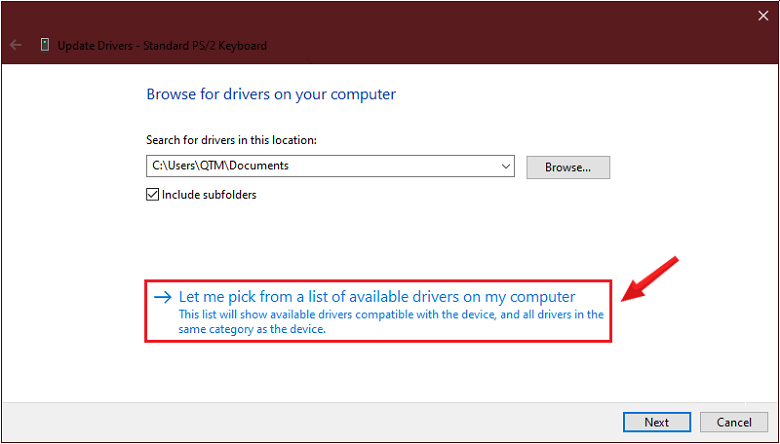 Cách khắc phục bàn phím laptop lúc nhận lúc không cập nhật lại Drive tiếp tục chọn Let me pick from a list of device drivers on my computer