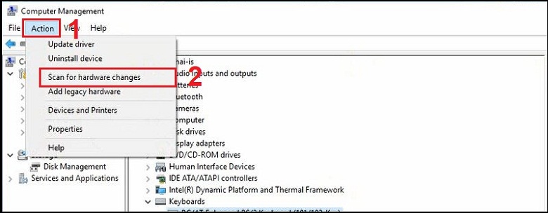 Cách khắc phục không dùng được bàn phím laptop cập nhật lại Drive tiếp tục chọn Action -> Chọn Scan for hardware changes
