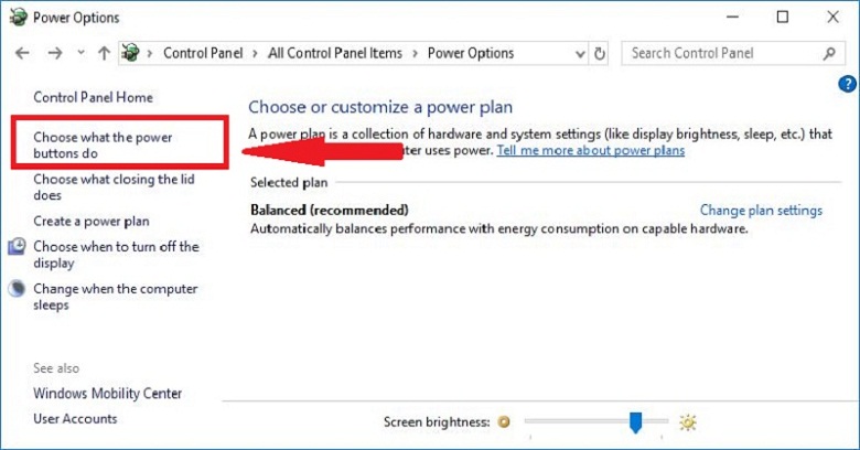 Bàn phím lúc nhận lúc không cách khắc phục việc vô hiệu chế độ khởi động nhanh chọn Power Options -> chọn Choose what the power buttons do (cột bên trái)