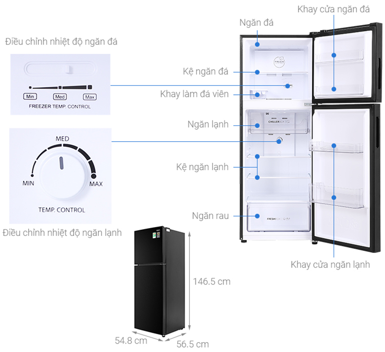 kích thước Tủ lạnh Aqua Inverter 211 lít AQR-T238FA(FB)