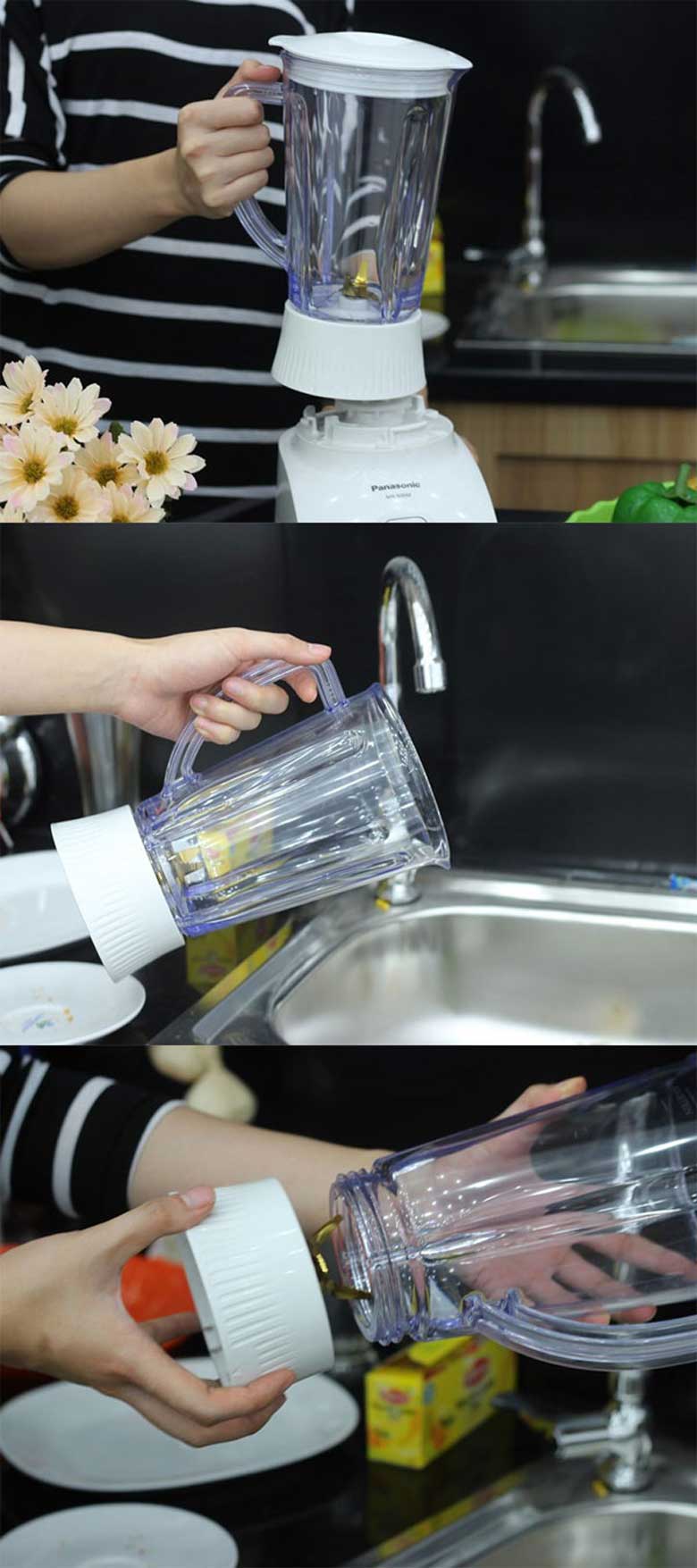 Hướng dẫn cách vệ sinh máy xay sinh tố tiếp theo tháo bình ra khỏi chân đế và rửa sạch