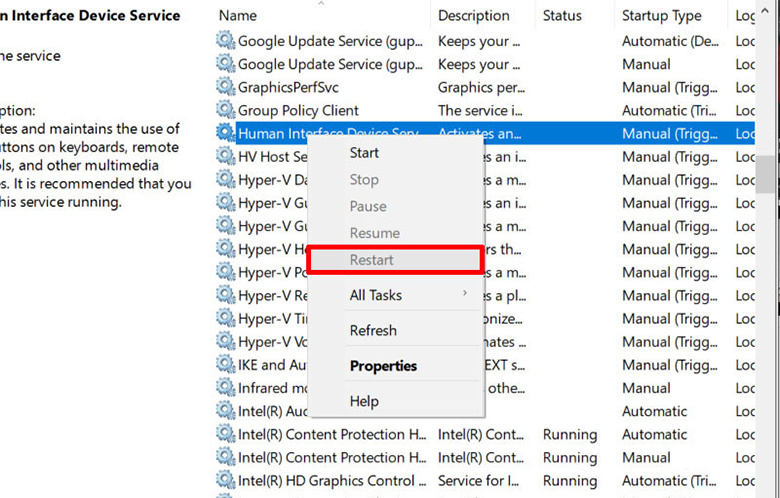 Kiểm tra Human Interface Device Service cách sửa lỗi USB bằng việc Restart
