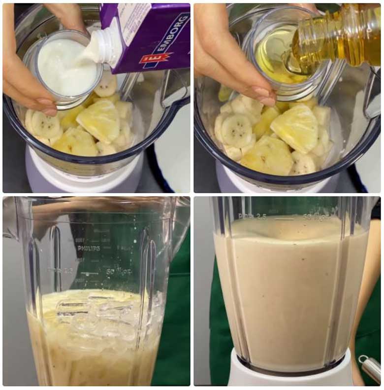 Sinh tố chuối dứa cho tất cả các nguyên liệu đã sơ chế vào máy xay sinh tố