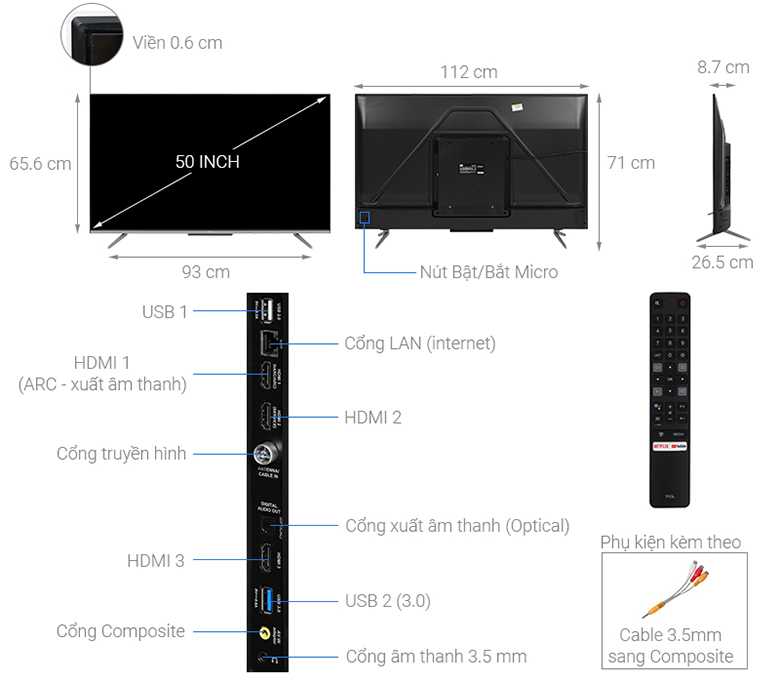 Kích thước tivi - Android Tivi TCL 4K 50 inch 50P725