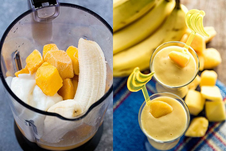 Sinh tố xoài chuối cho hết hỗn hợp vào để xay