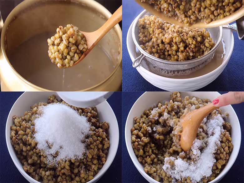 Cách làm sinh tố đậu xanh không vỏ bỏ túi lọc đậu xanh qua rây và trộn hỗn hợp đậu