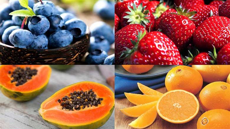 Sinh tố việt quất dâu tây cam đu đủ sử dụng nguyên liệu tổng hợp