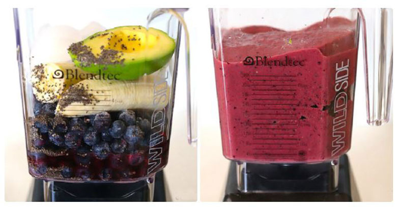 Xay nhuyễn nguyên liệu để làm sinh tố việt quất bơ chuối lựu