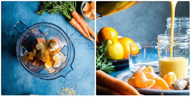 Làm sinh tố cà rốt chuối cam gừng xay hỗn hợp