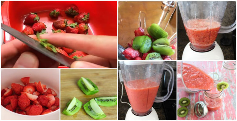 Sinh tố kiwi cho bé ăn dặm mix dâu mang sơ chế và đem đi xay