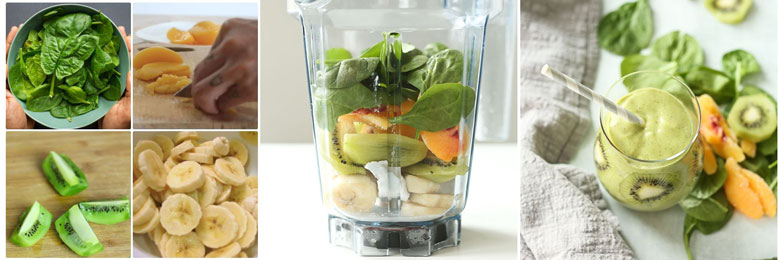 Cách làm sinh tố kiwi ngon hỗn hợp đào với cải bó xôi xay nhuyễn