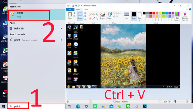 Cách chụp màn hình máy tính laptop Dell sử dụng phím tắt Alt + PrtSc, mở Paint nhận tổ hợp Ctrl + V để dán ảnh chụp vào