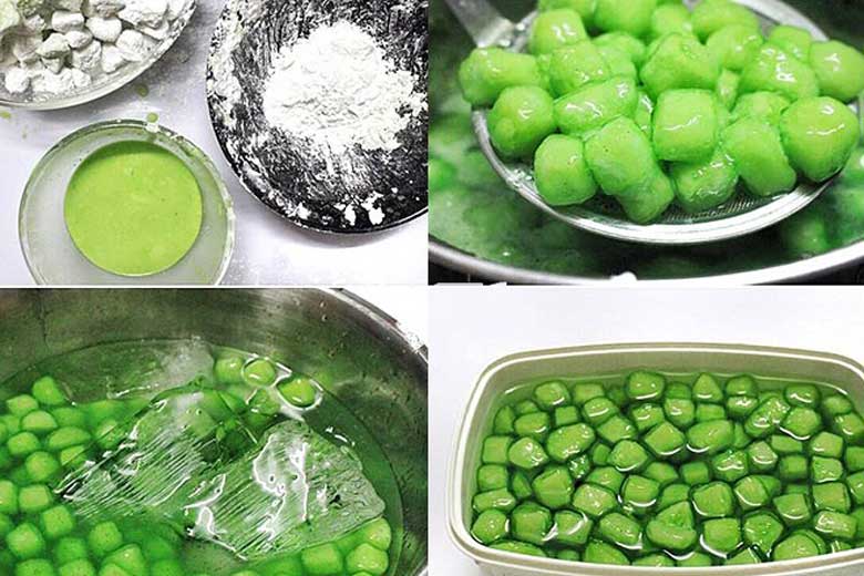 Cách làm trân châu củ năng lá dứa bạn trộn củ năng với lá dứa với bột năng rồi đem luộc