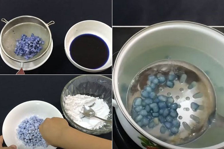 Cách làm củ năng trân châu với hoa đậu biếc trộn củ năng với nước hoa đậu biếc vói bột năng