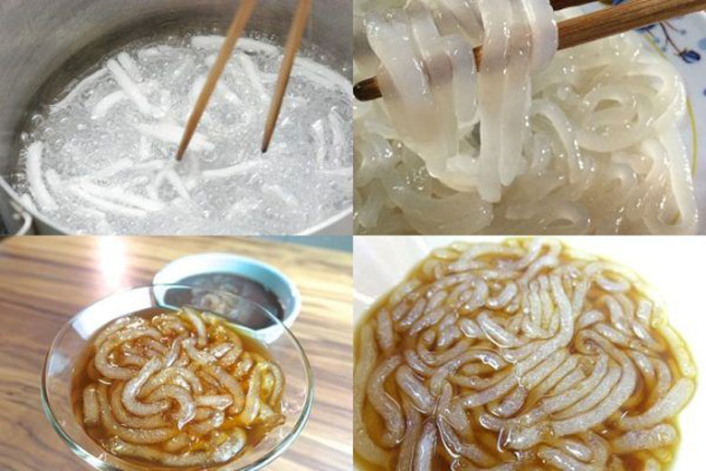 Cách làm trân châu sợi sau đó mang trân châu sợi đem luộc