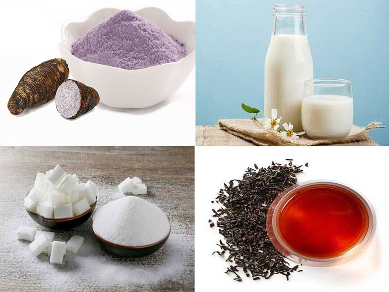 Cách pha trà sữa khoai môn bằng bột gồm nguyên liệu như sau