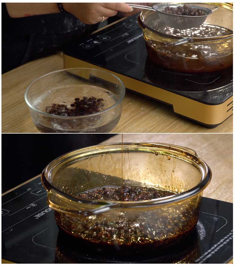 Nấu trân châu đường đen trong trà sữa matcha trân châu đường đen 