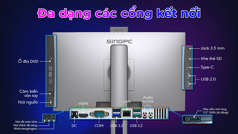 Máy tính All In One SingPC M24EI31282-W đầy đủ kết nối