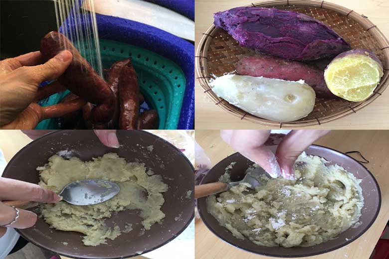 Cách làm thạch khoai lang trà sữa bằng bột năng sợ chế khoai và nhào cùng bột năng