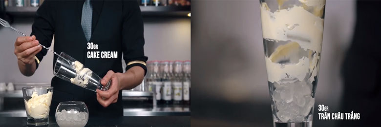 Cách làm cake cream lấy một ly quét cake cream và trân châu trắng vào trước