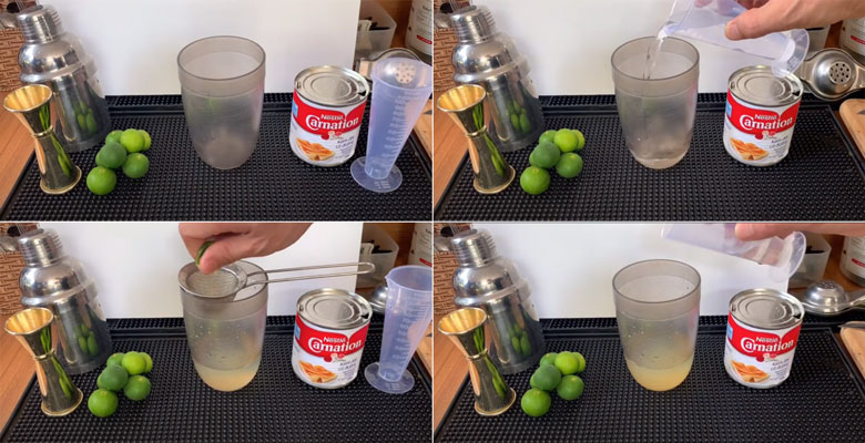 Cách làm quất lắc sữa bắt đầu đổ nước, vắt quất, cho nước đường vào bình shaker pha chế