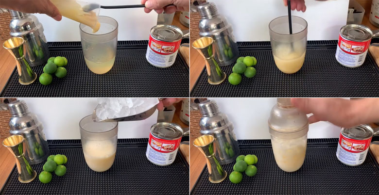 Cách làm quất lắc sữa trong bình shaker pha chế tiếp tục cho sữa đặc và đá vào