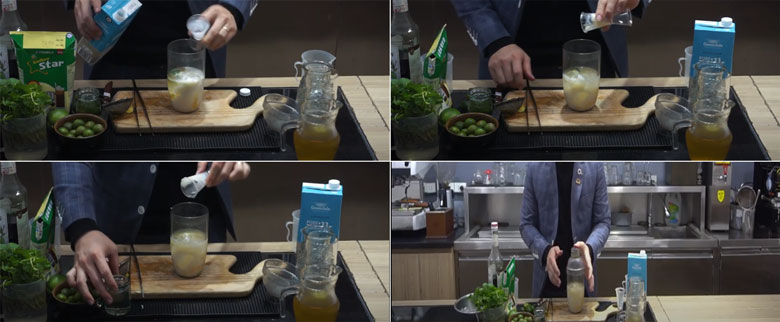 Cách làm trà tắc lắc sữa tiếp đến cho vào bình shaker sữa tươi, sữa đặc, nước đường xong lắc đều