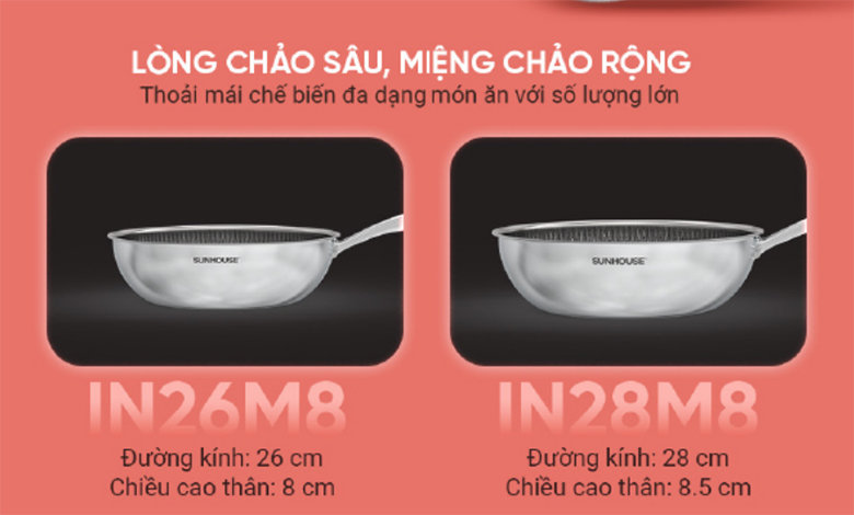 Công nghệ đáy liền - Chảo xào inox liền đáy Sunhouse IN28M8 28 cm