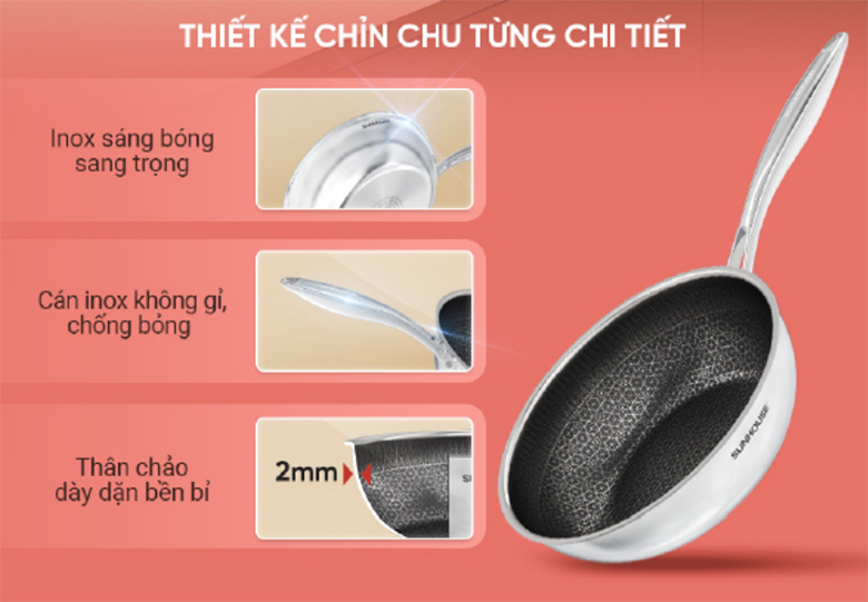 Chất liệu inox - Chảo xào inox liền đáy Sunhouse IN28M8 28 cm