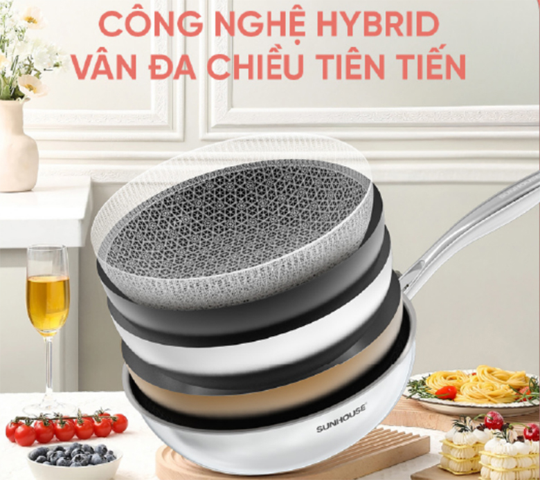 Bề mặt chống dính - Chảo xào inox liền đáy Sunhouse IN28M8 28 cm