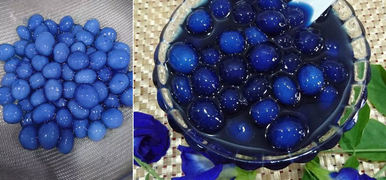 Cách làm trân châu hoa đậu biếc bằng bột năng đem hạt trân châu hoa đậu biếc đi luộc