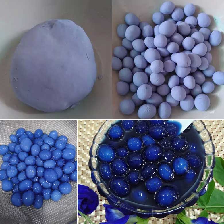 Sữa tươi trân châu hoa đậu biếc nhào, nặn, luộc trân châu hoa đậu biếc