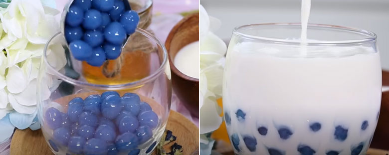 Sữa tươi trân châu hoa đậu biếc chi tiết khi cho vào ly thủy tinh như sau