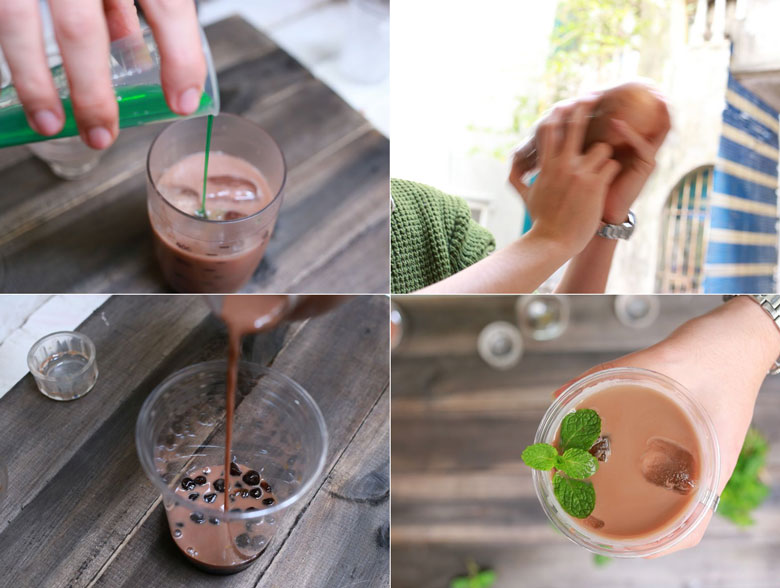 Làm trà sữa socola bạc hà khi pha trà đen với bột sữa và bột chocolate cùng với một số nguyên liệu khác