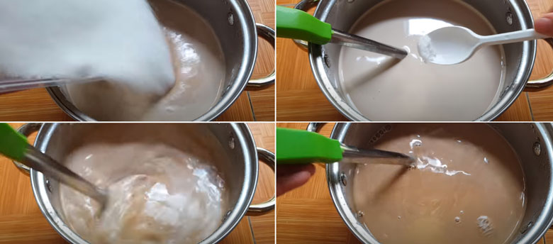 Cách làm trà sữa xoài pha trà đen với sữa bột tiếp tục cho đường và muối vào