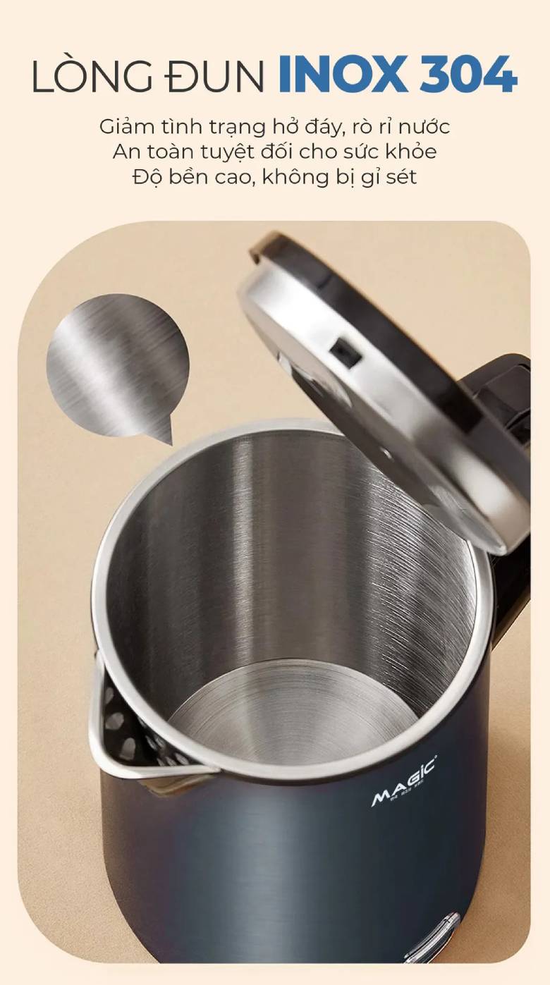 Ấm siêu tốc Magic 1.8L A-071 - Lòng bình inox 304 