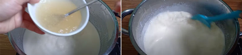 Khúc bạch trà sữa cho vào nồi nấu khúc bạch với đường phèn cho thêm hỗn hợp ngâm gelatin