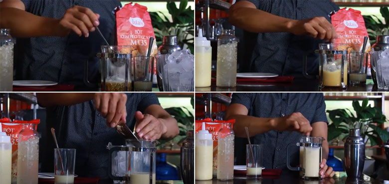 Cách làm trà sữa bằng trà lài chộn bột sữa vào nước trà và làm nguội trà