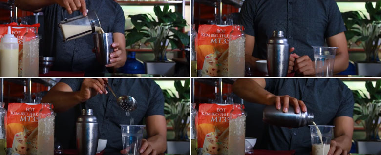 Trà sữa hoa nhài đổ hỗn hợp vào bình pha chế và lắc đều